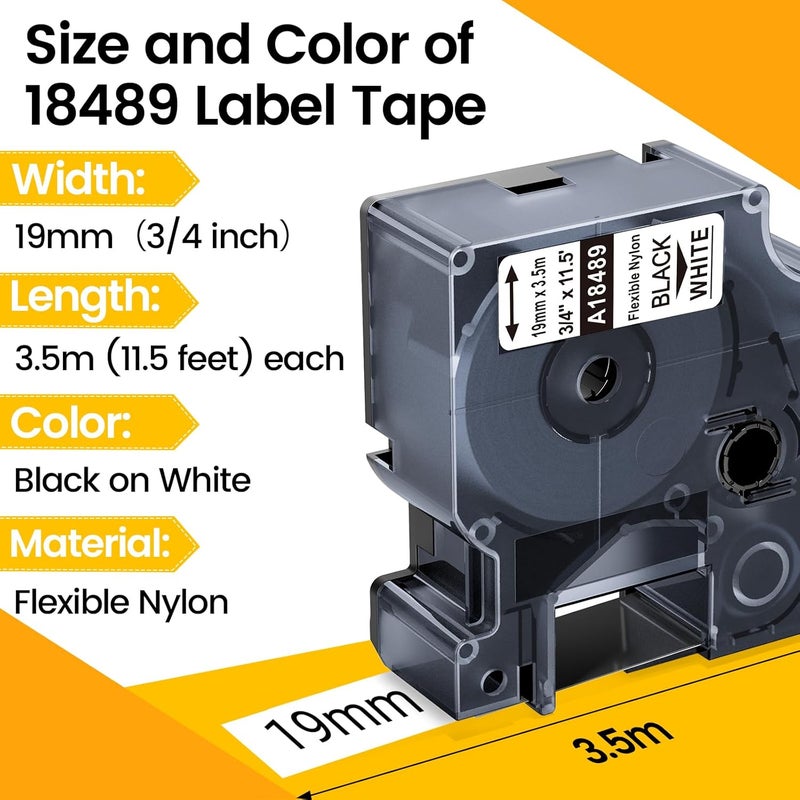 Pillex 6-Pack 18489 Replace for DYMO Rhino Industrial Flexible Nylon 3/4 Inch Label Tape, Work with DYMO Rhino Pro 4200 5200 5000 6000 3000 1000 Label Maker, 3/4 Inch x 11.5 Feet, 19mm, Black on White - Image 2